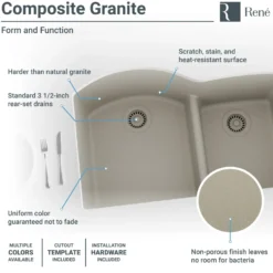 Rene 33" Composite Granite Kitchen Sink, 60/40 Double Bowl, Concrete, R3-1008-CON-ST-CGF