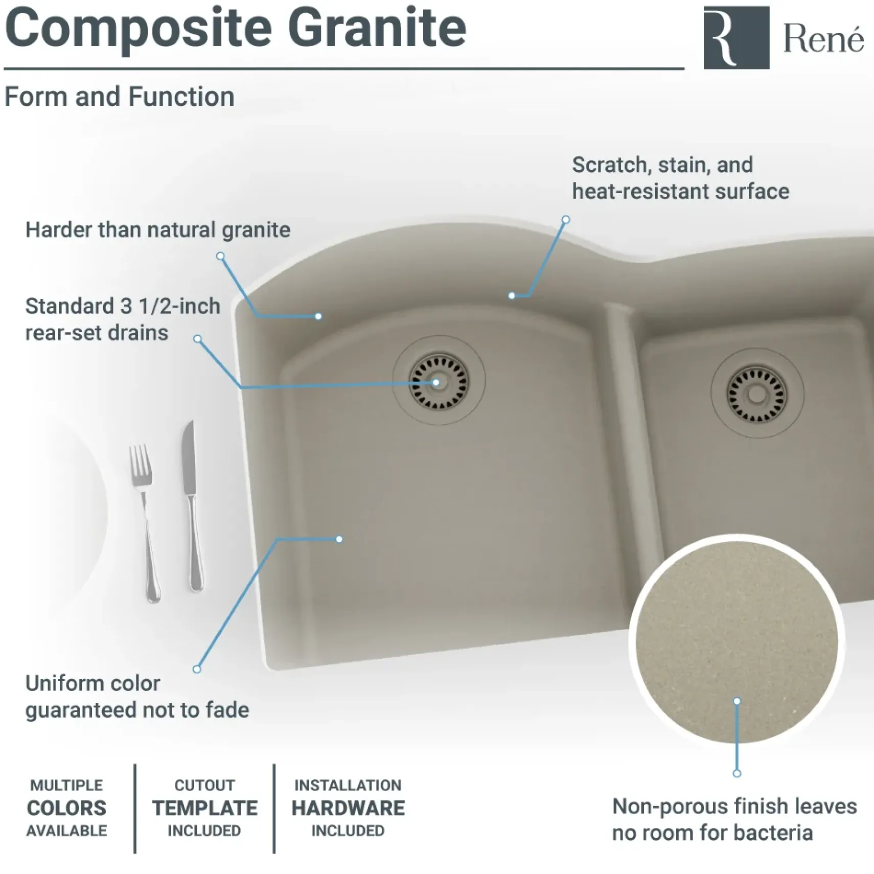 Rene 33" Composite Granite Kitchen Sink, 60/40 Double Bowl, Concrete, R3-1008-CON-ST-CGF