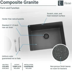 Rene 22" Composite Granite Kitchen Sink, Carbon, R3-1004-CAR-ST-CGF