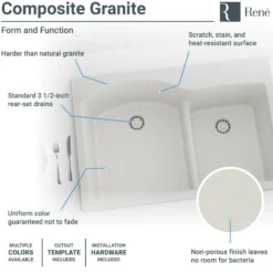 Rene 33" Composite Granite Kitchen Sink, 60/40 Double Bowl, Ivory, R3-2008-IVR-ST-CGS