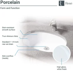 Rene 22" Oval Porcelain Bathroom Sink, White, R2-1005-W-PUD-BN