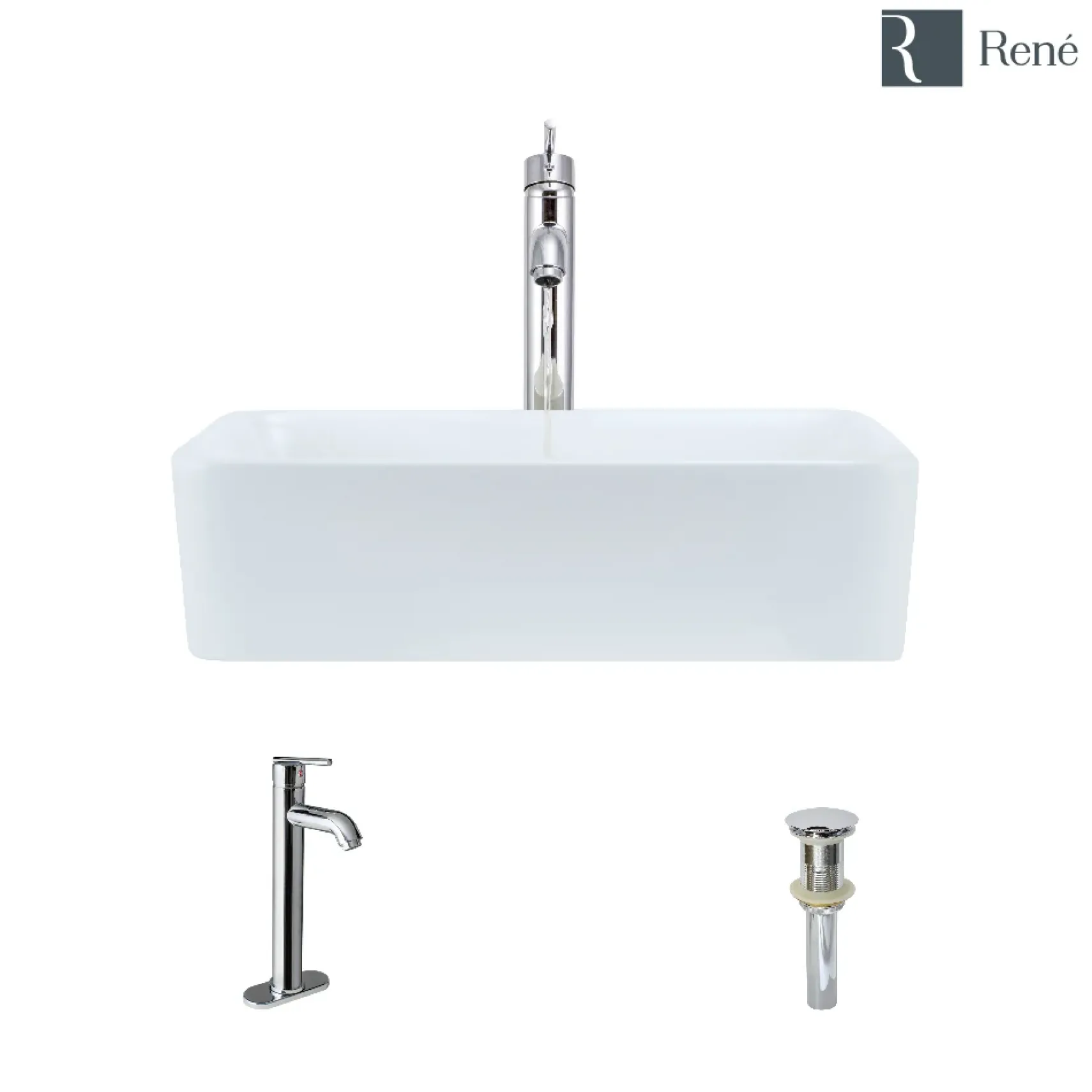 Rene 19" Rectangle Porcelain Bathroom Sink, White, with Faucet, R2-5007-W-R9-7001-C