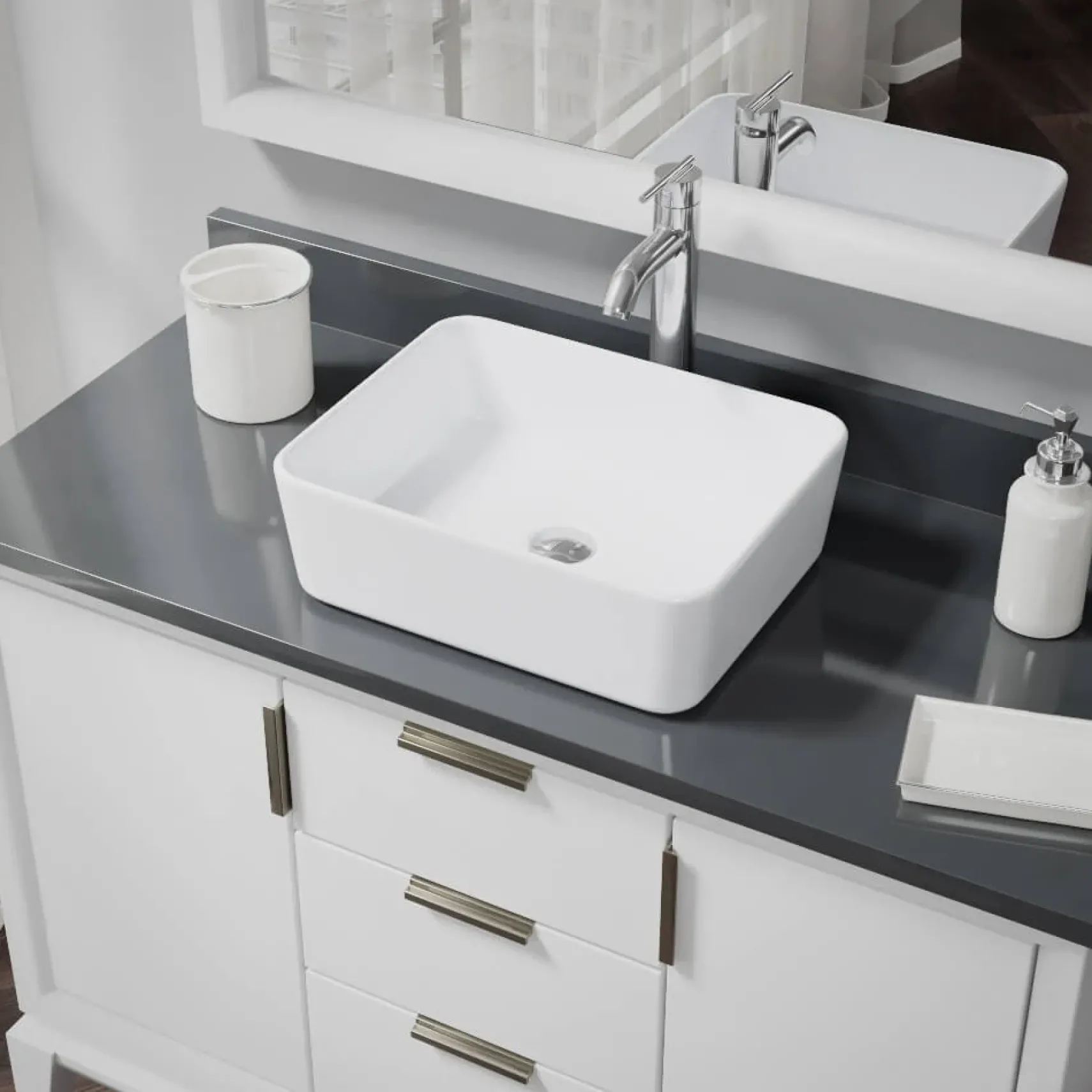 Rene 19" Rectangle Porcelain Bathroom Sink, White, with Faucet, R2-5007-W-R9-7001-C