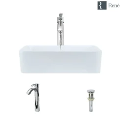 Rene 19" Rectangle Porcelain Bathroom Sink, White, with Faucet, R2-5007-W-R9-7006-C