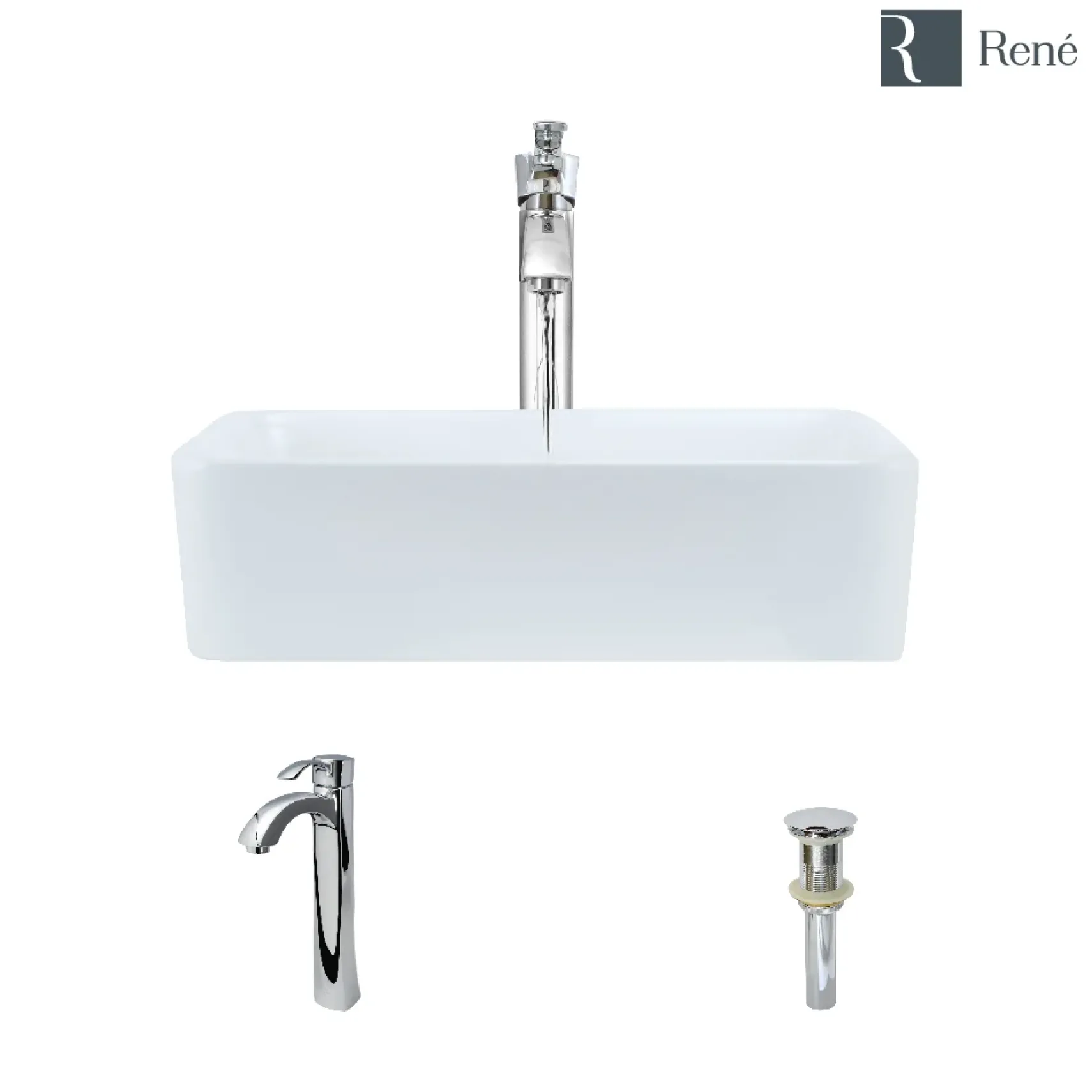 Rene 19" Rectangle Porcelain Bathroom Sink, White, with Faucet, R2-5007-W-R9-7006-C