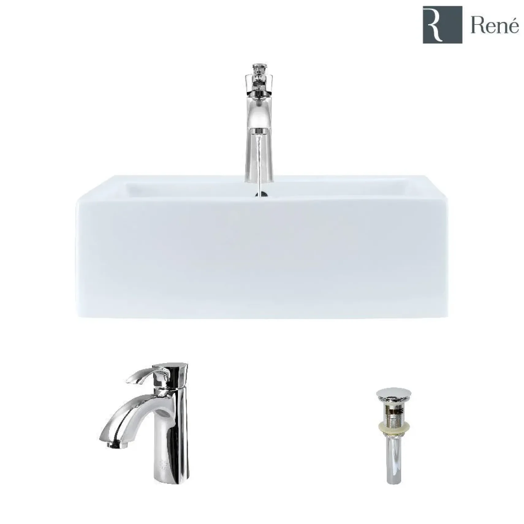 Rene 21" Rectangle Porcelain Bathroom Sink, White, with Faucet, R2-5018-W-R9-7005-C