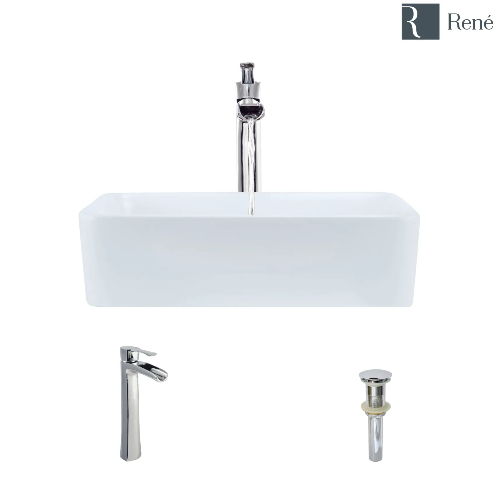 Rene 19" Rectangle Porcelain Bathroom Sink, White, with Faucet, R2-5007-W-R9-7007-C