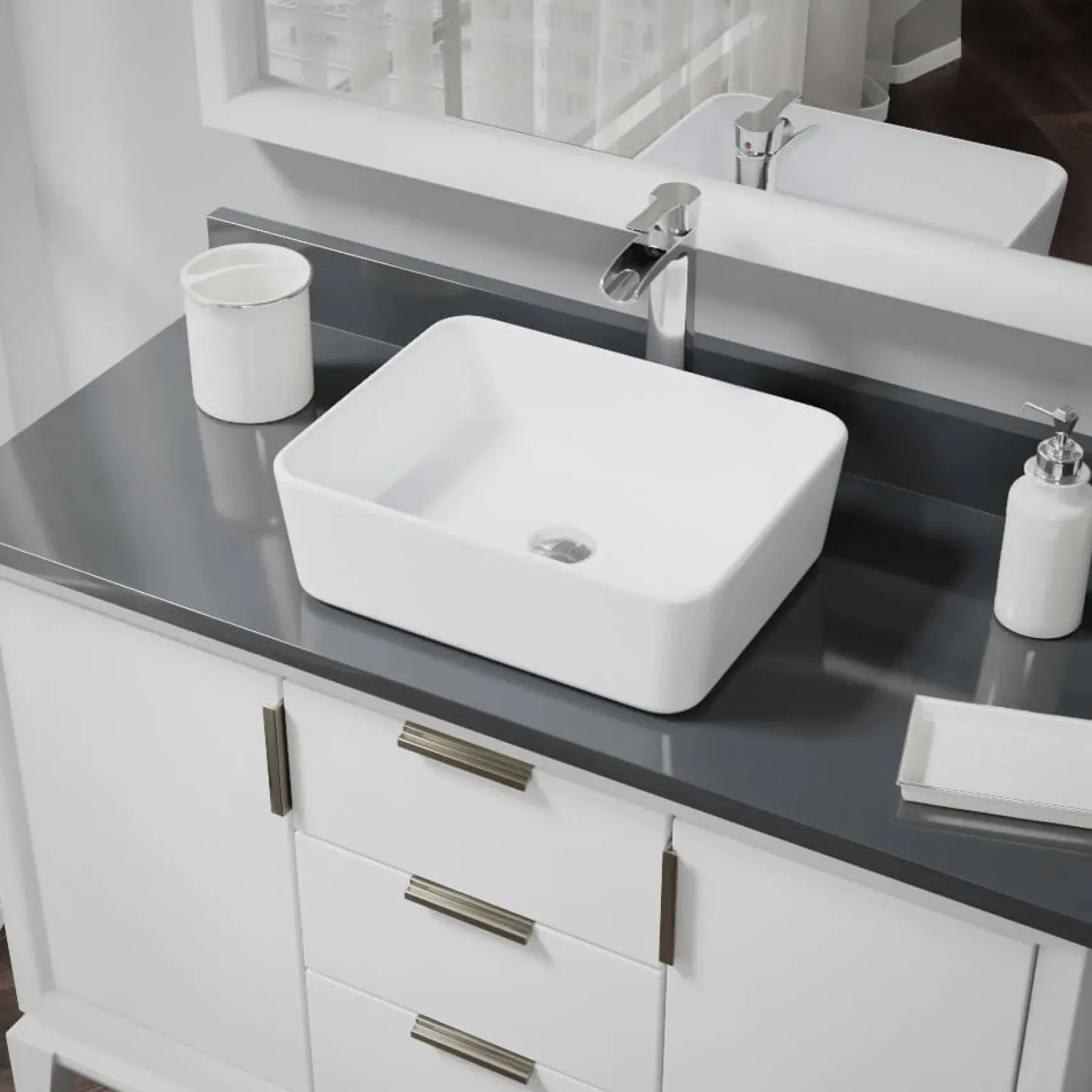 Rene 19" Rectangle Porcelain Bathroom Sink, White, with Faucet, R2-5007-W-R9-7007-C