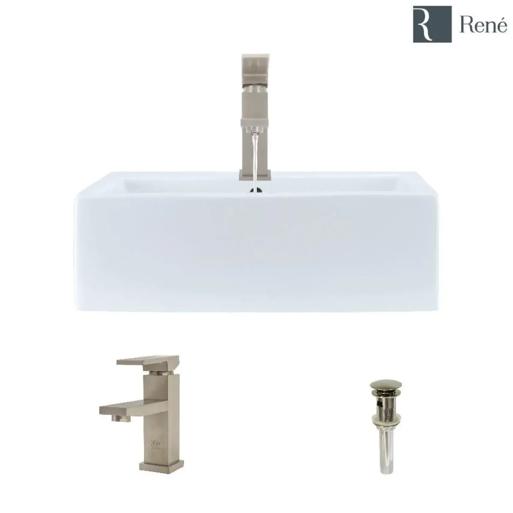 Rene 21" Rectangle Porcelain Bathroom Sink, White, with Faucet, R2-5018-W-R9-7002-BN