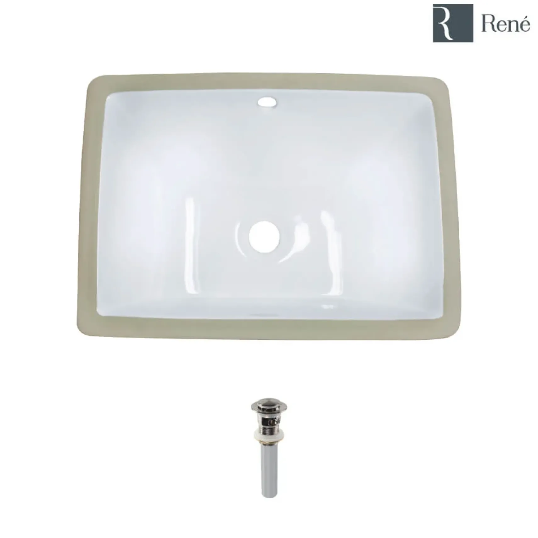 Rene 18" Rectangle Porcelain Bathroom Sink, White, R2-1007-W-PUD-BN