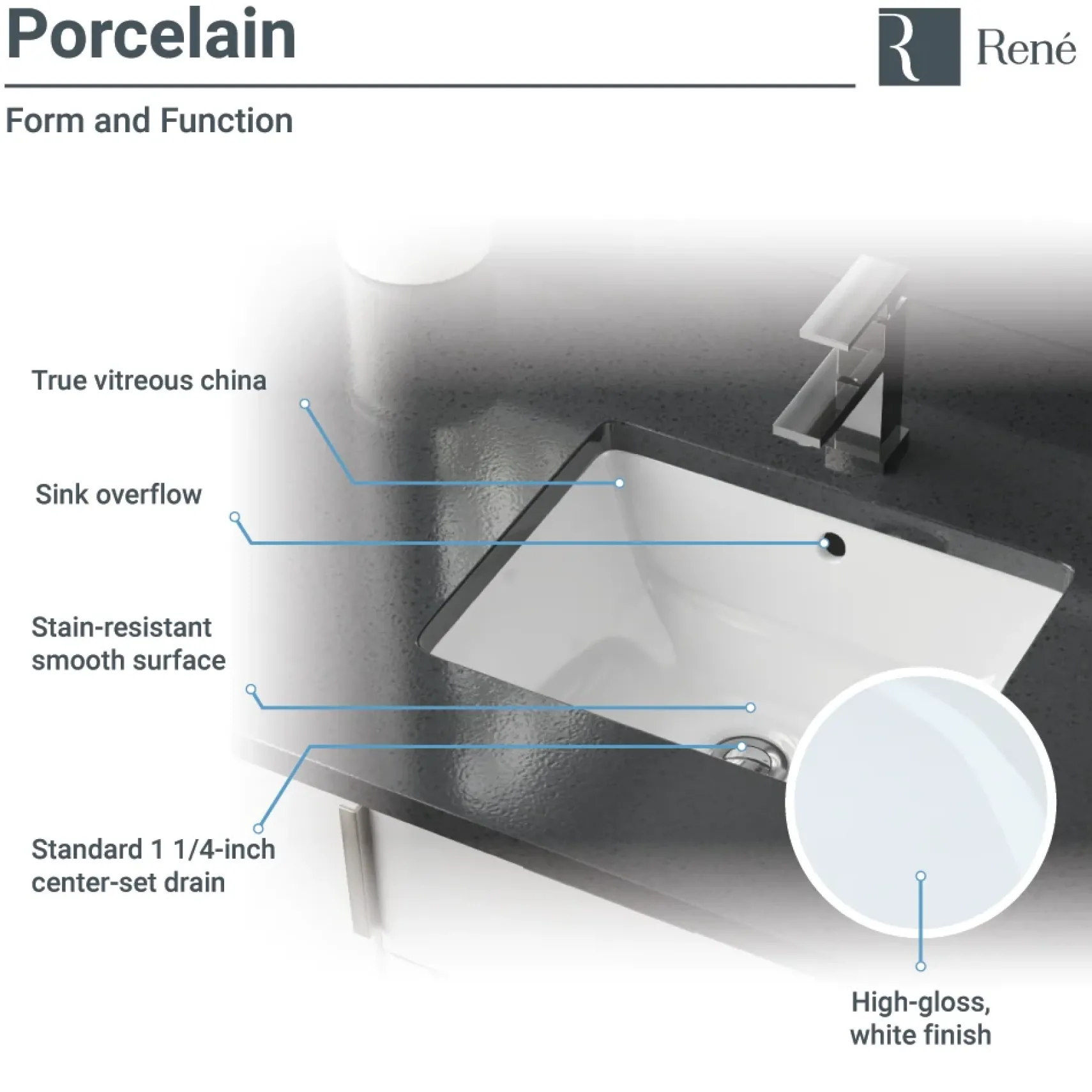Rene 18" Rectangle Porcelain Bathroom Sink, White, R2-1007-W-PUD-BN