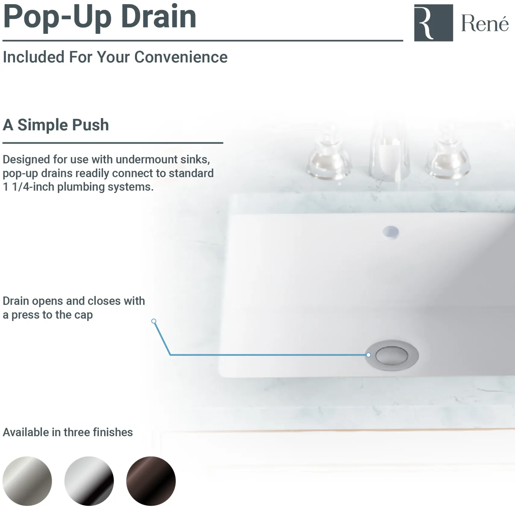 Rene 18" Rectangle Porcelain Bathroom Sink, White, R2-1007-W-PUD-BN