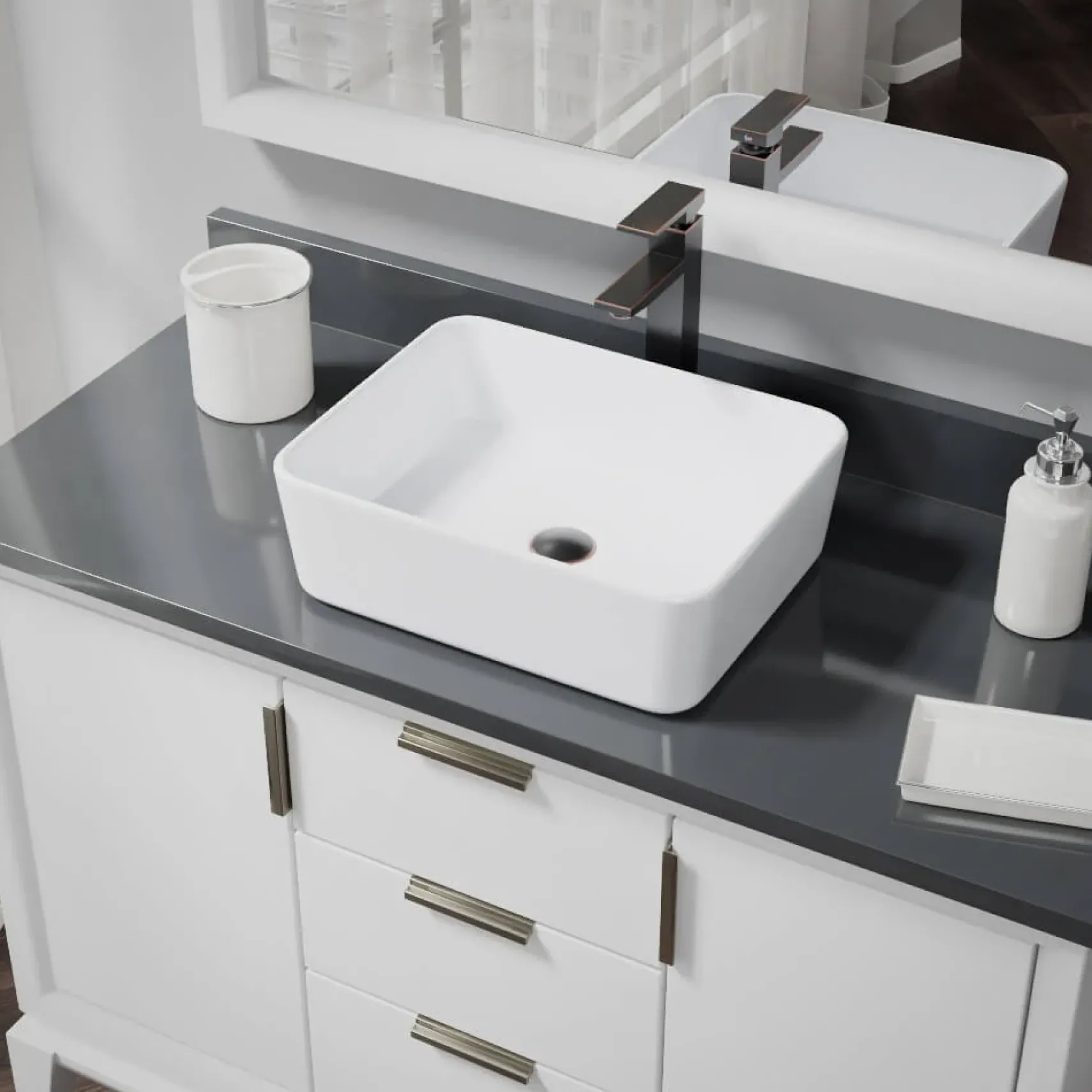 Rene 19" Rectangle Porcelain Bathroom Sink, White, with Faucet, R2-5007-W-R9-7003-ABR