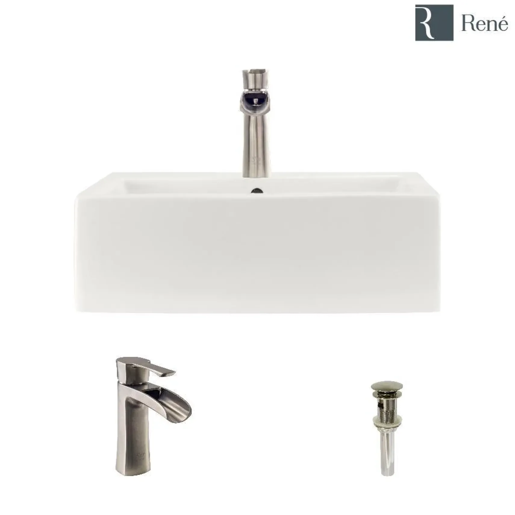 Rene 21" Rectangle Porcelain Bathroom Sink, Biscuit, with Faucet, R2-5018-B-R9-7008-BN