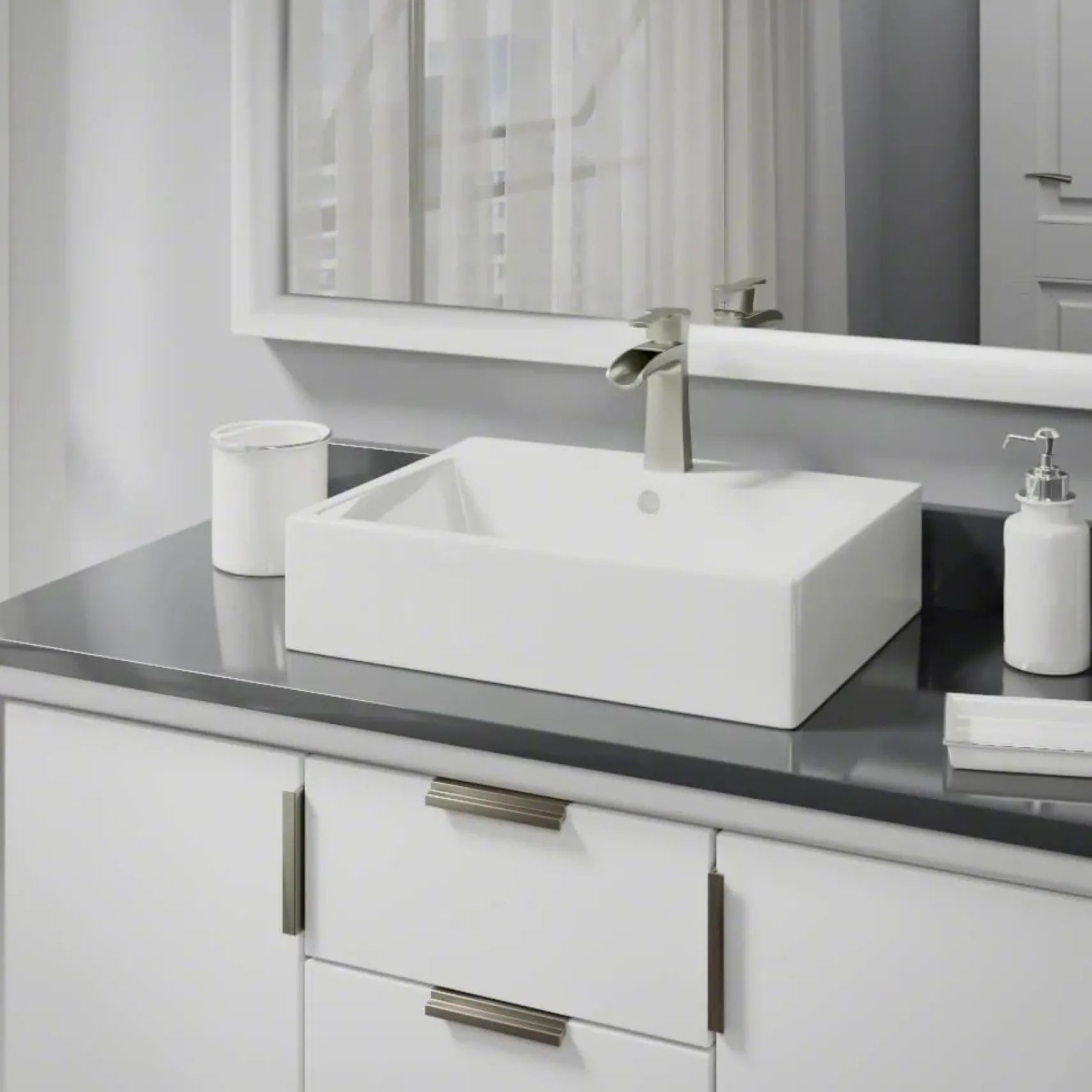 Rene 21" Rectangle Porcelain Bathroom Sink, Biscuit, with Faucet, R2-5018-B-R9-7008-BN