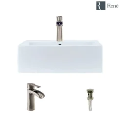 Rene 21" Rectangle Porcelain Bathroom Sink, White, with Faucet, R2-5018-W-R9-7008-BN