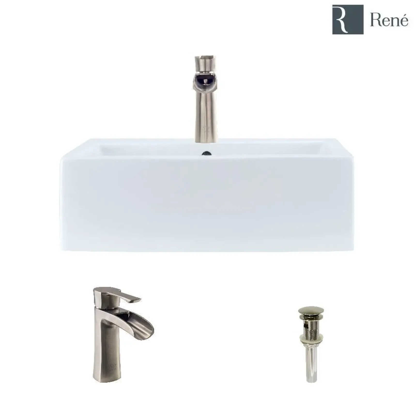 Rene 21" Rectangle Porcelain Bathroom Sink, White, with Faucet, R2-5018-W-R9-7008-BN