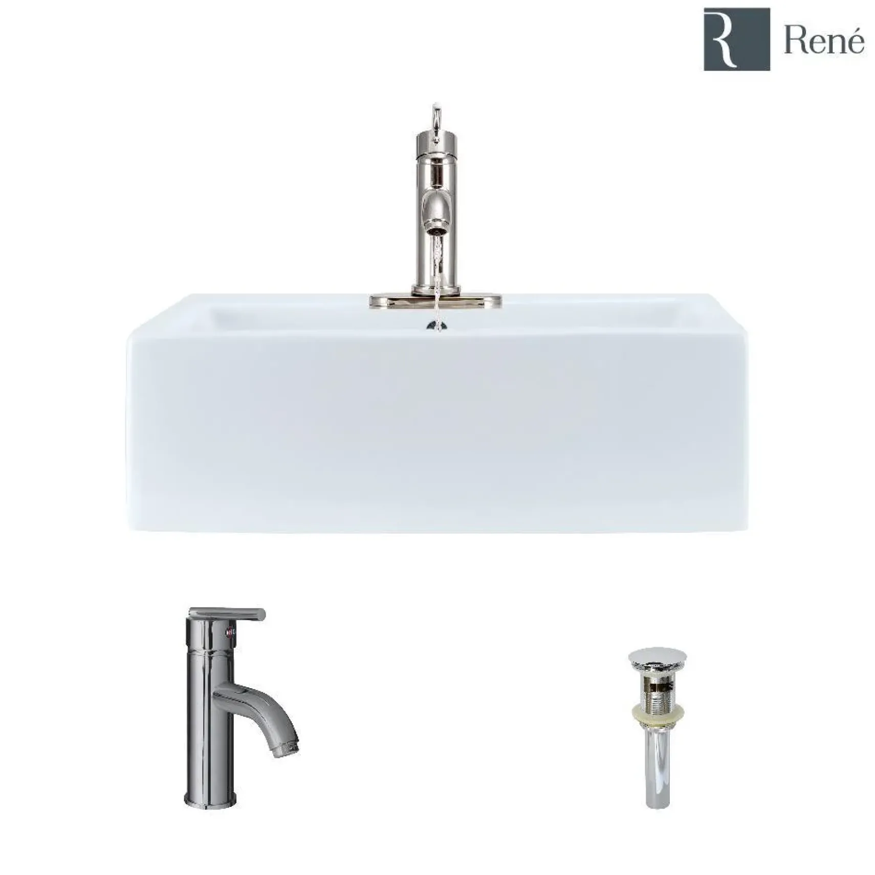 Rene 21" Rectangle Porcelain Bathroom Sink, White, with Faucet, R2-5018-W-R9-7009-C