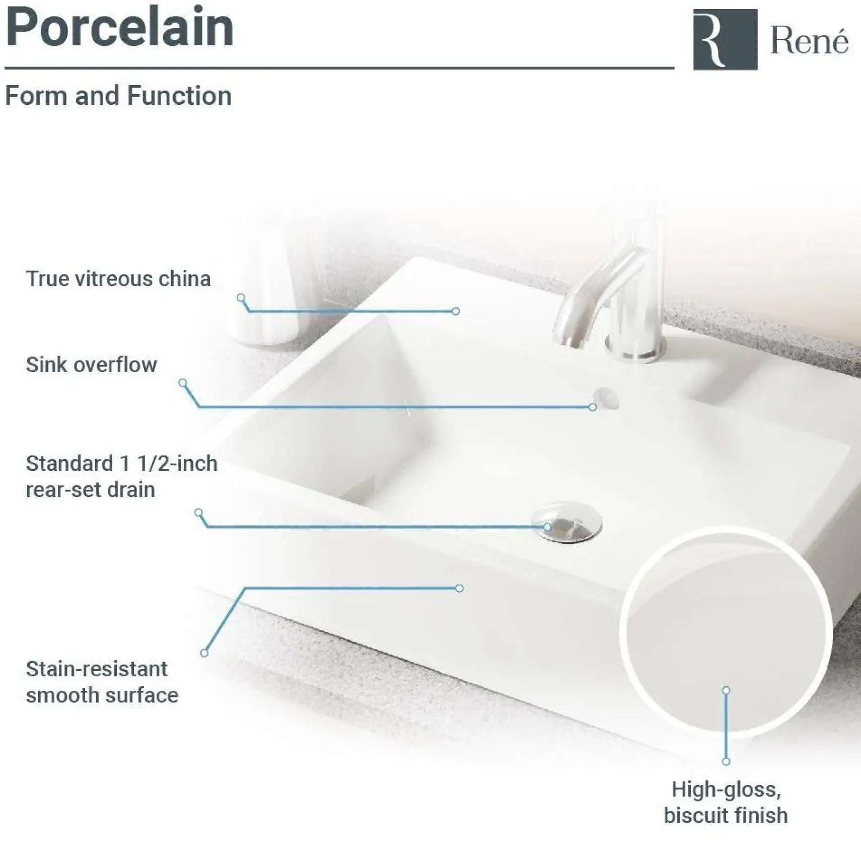 Rene 21" Rectangle Porcelain Bathroom Sink, Biscuit, with Faucet, R2-5018-B-R9-7009-ABR