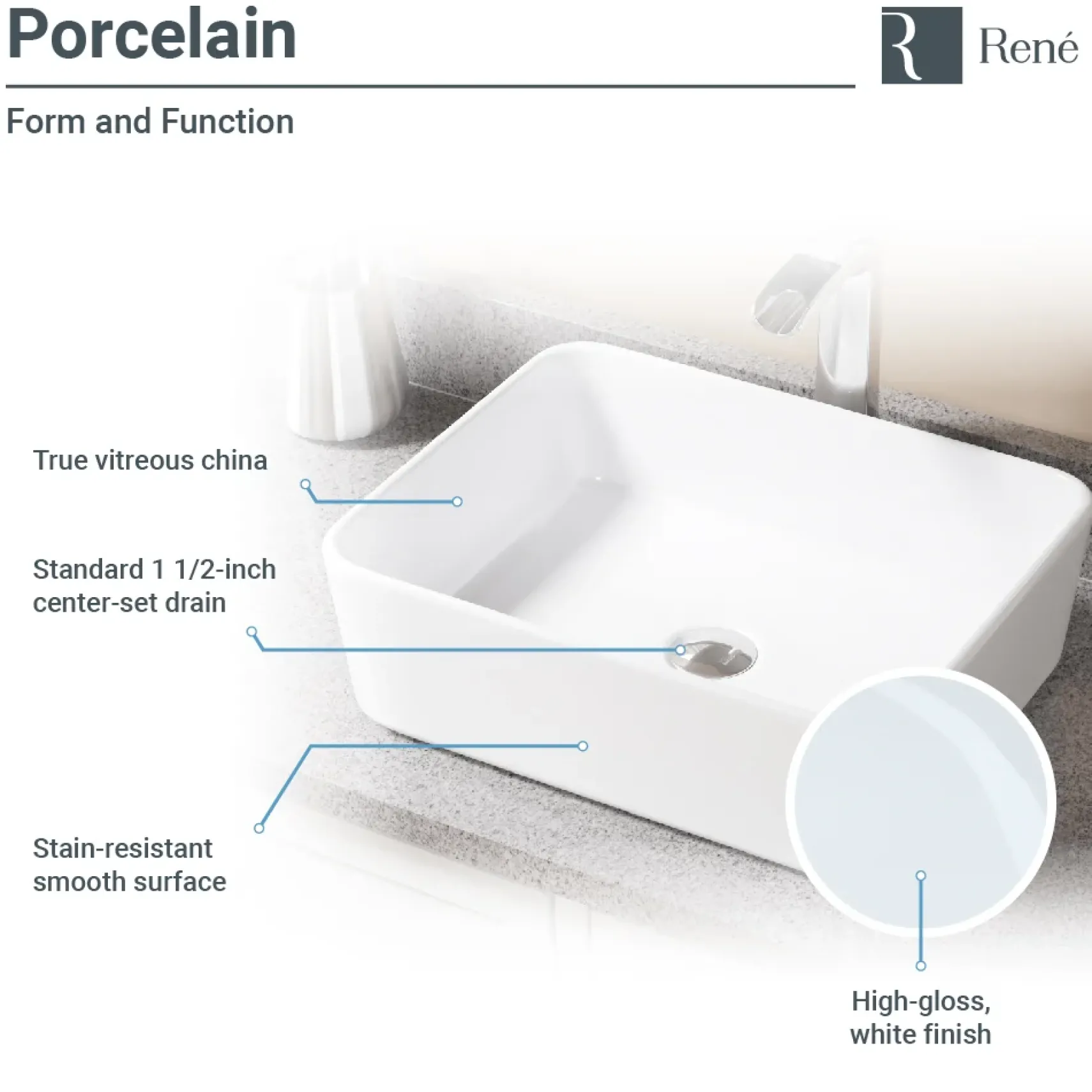Rene 19" Rectangle Porcelain Bathroom Sink, White, with Faucet, R2-5007-W-R9-7001-ABR