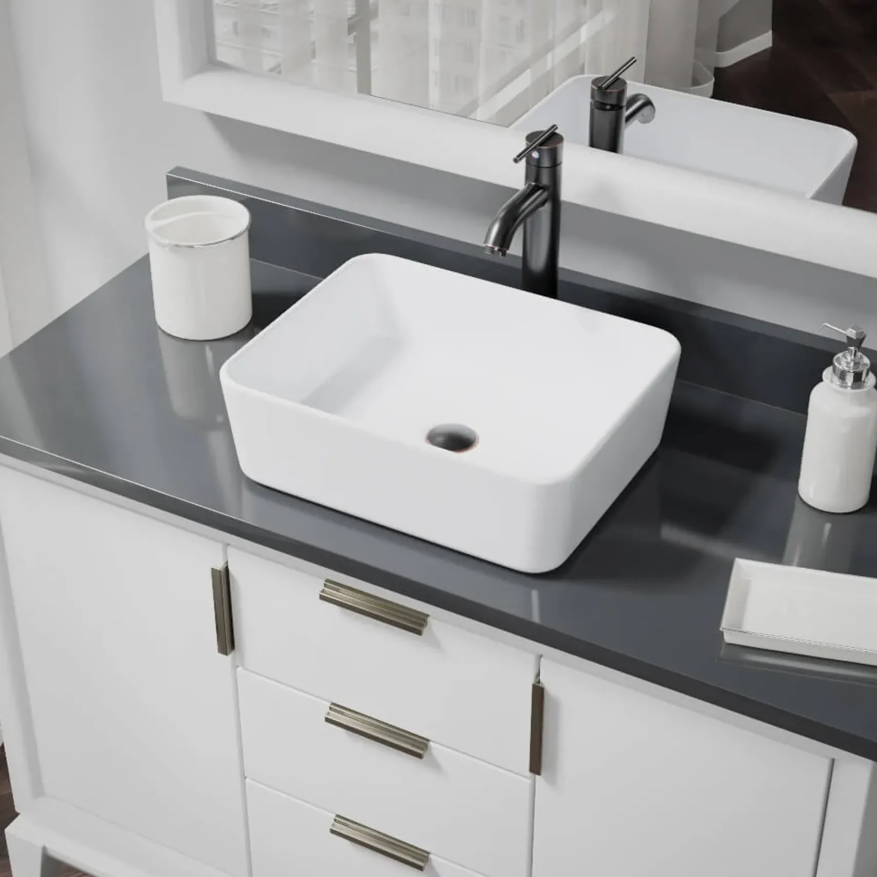 Rene 19" Rectangle Porcelain Bathroom Sink, White, with Faucet, R2-5007-W-R9-7001-ABR