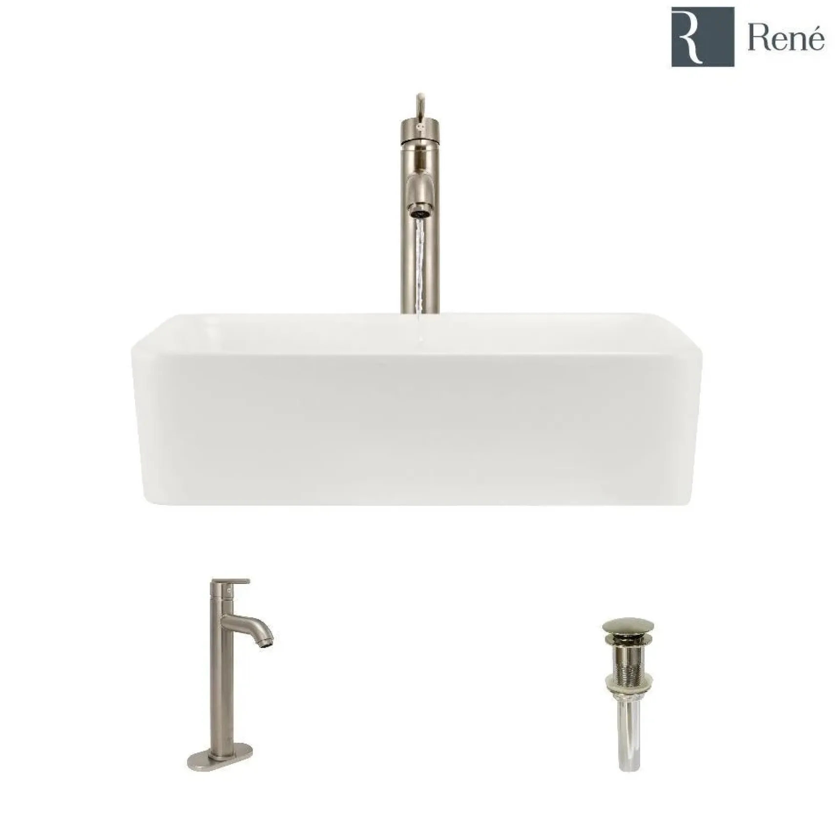 Rene 19" Rectangle Porcelain Bathroom Sink, Biscuit, with Faucet, R2-5007-B-R9-7001-BN