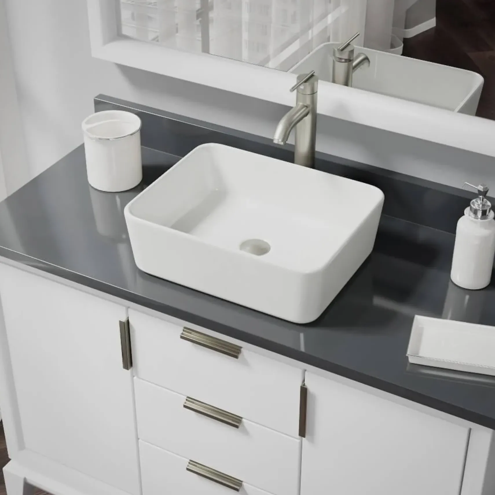 Rene 19" Rectangle Porcelain Bathroom Sink, Biscuit, with Faucet, R2-5007-B-R9-7001-BN