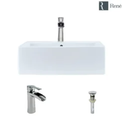 Rene 21" Rectangle Porcelain Bathroom Sink, White, with Faucet, R2-5018-W-R9-7008-C
