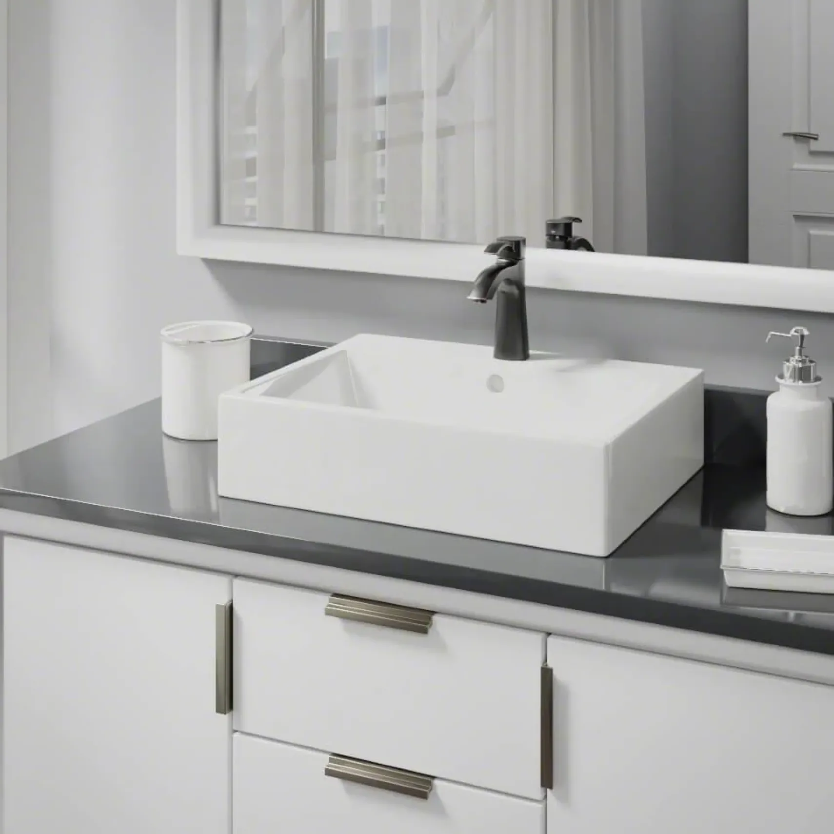 Rene 21" Rectangle Porcelain Bathroom Sink, Biscuit, with Faucet, R2-5018-B-R9-7005-ABR