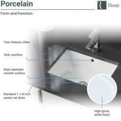 Rene 18" Rectangle Porcelain Bathroom Sink, White, R2-1007-W-PUD-C