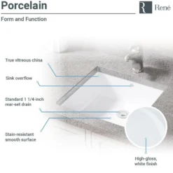 Rene 17" Rectangle Porcelain Bathroom Sink, White, R2-1003-W-PUD-C