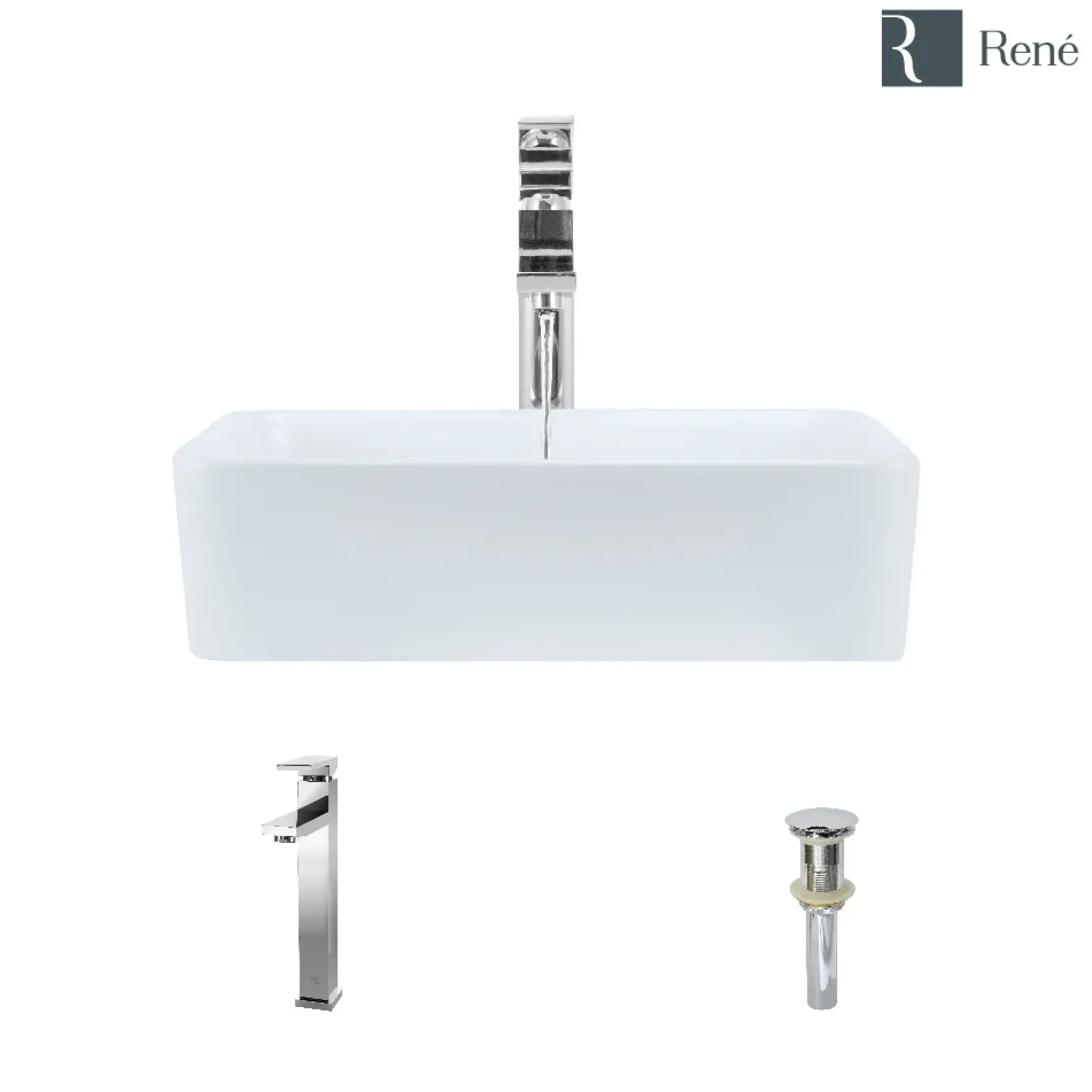 Rene 19" Rectangle Porcelain Bathroom Sink, White, with Faucet, R2-5007-W-R9-7003-C