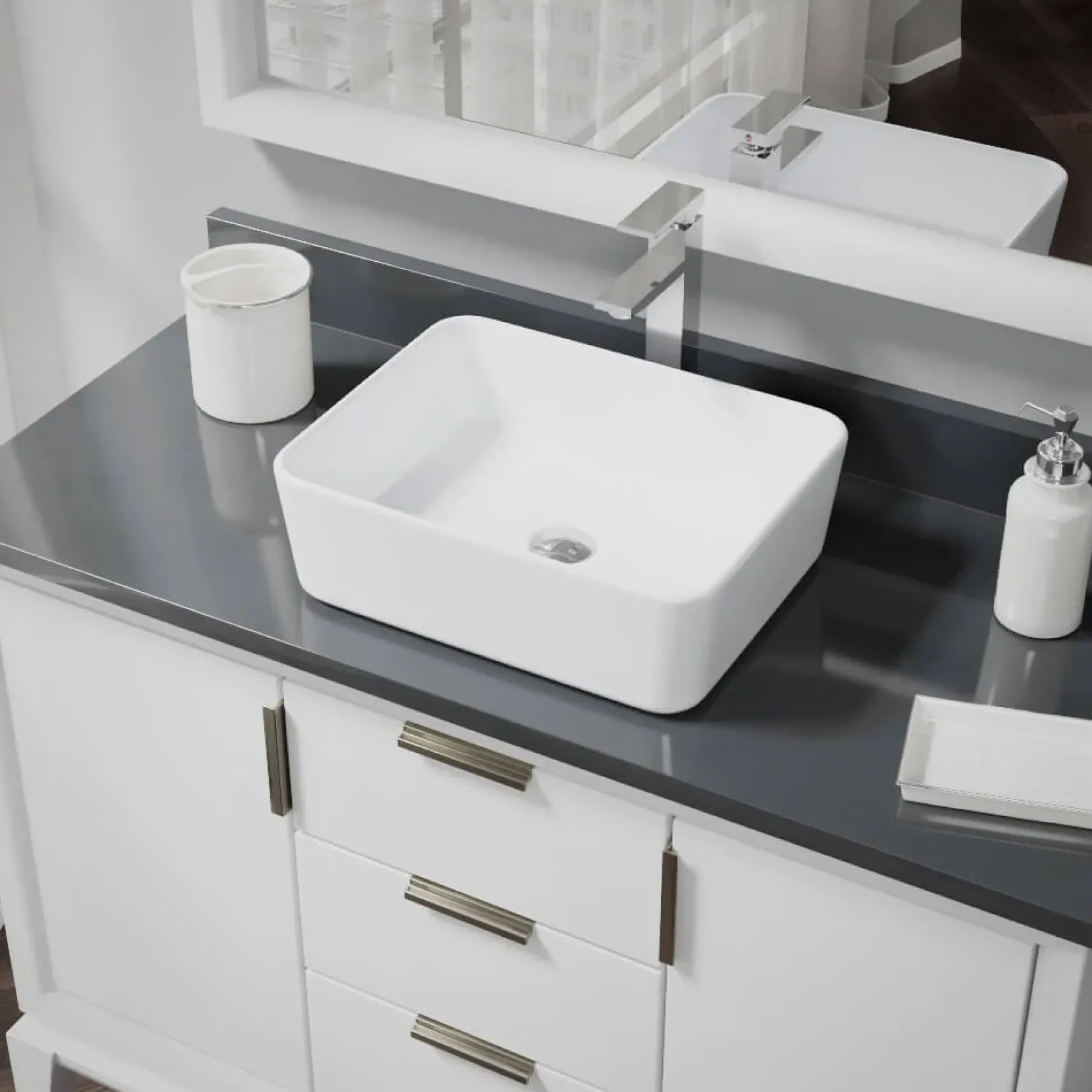 Rene 19" Rectangle Porcelain Bathroom Sink, White, with Faucet, R2-5007-W-R9-7003-C