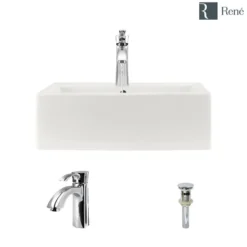 Rene 21" Rectangle Porcelain Bathroom Sink, Biscuit, with Faucet, R2-5018-B-R9-7005-C