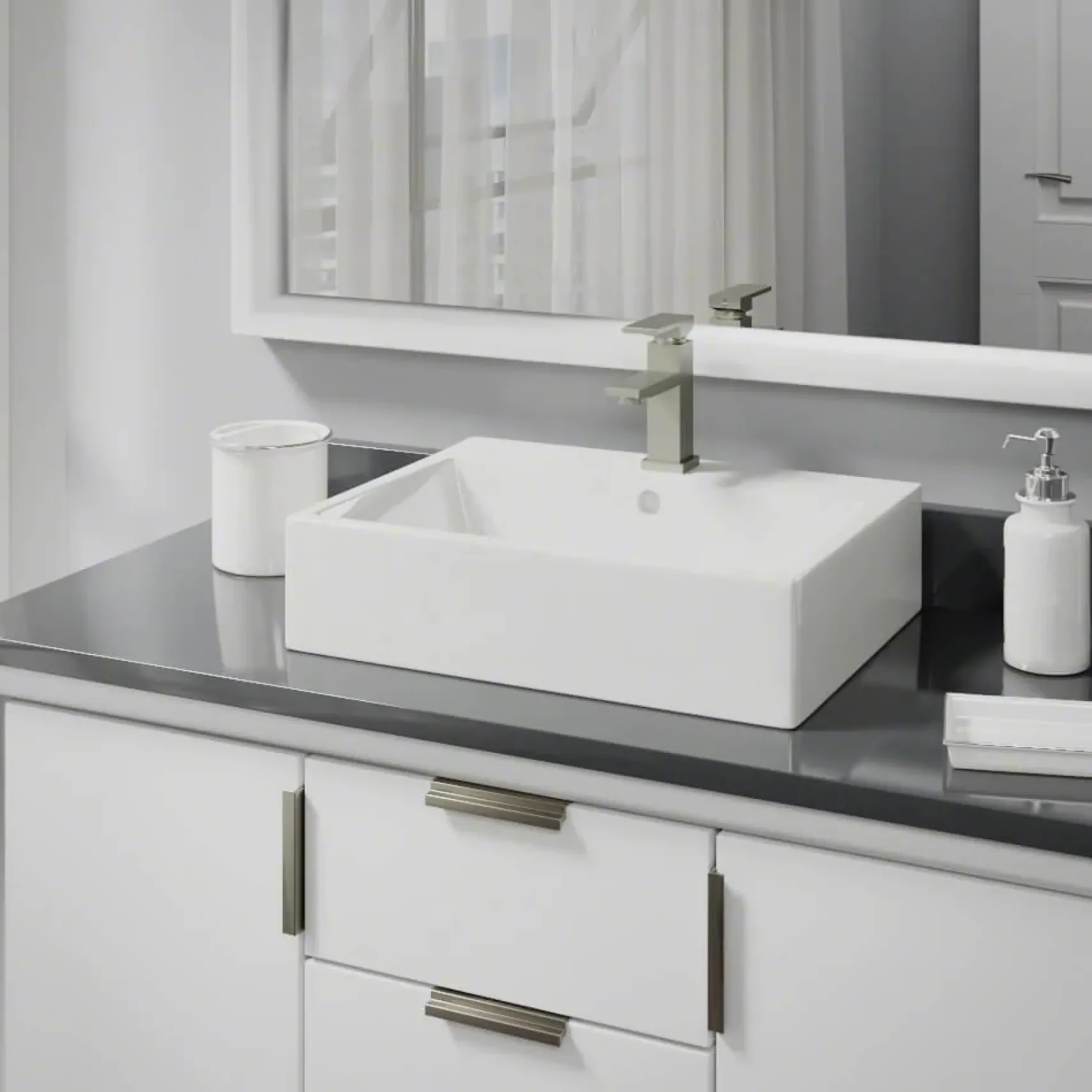Rene 21" Rectangle Porcelain Bathroom Sink, Biscuit, with Faucet, R2-5018-B-R9-7002-BN