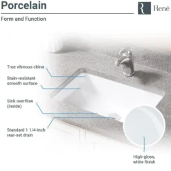 Rene 21" Rectangle Porcelain Bathroom Sink, White, R2-1002-W-PUD-ABR