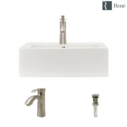 Rene 21" Rectangle Porcelain Bathroom Sink, Biscuit, with Faucet, R2-5018-B-R9-7005-BN