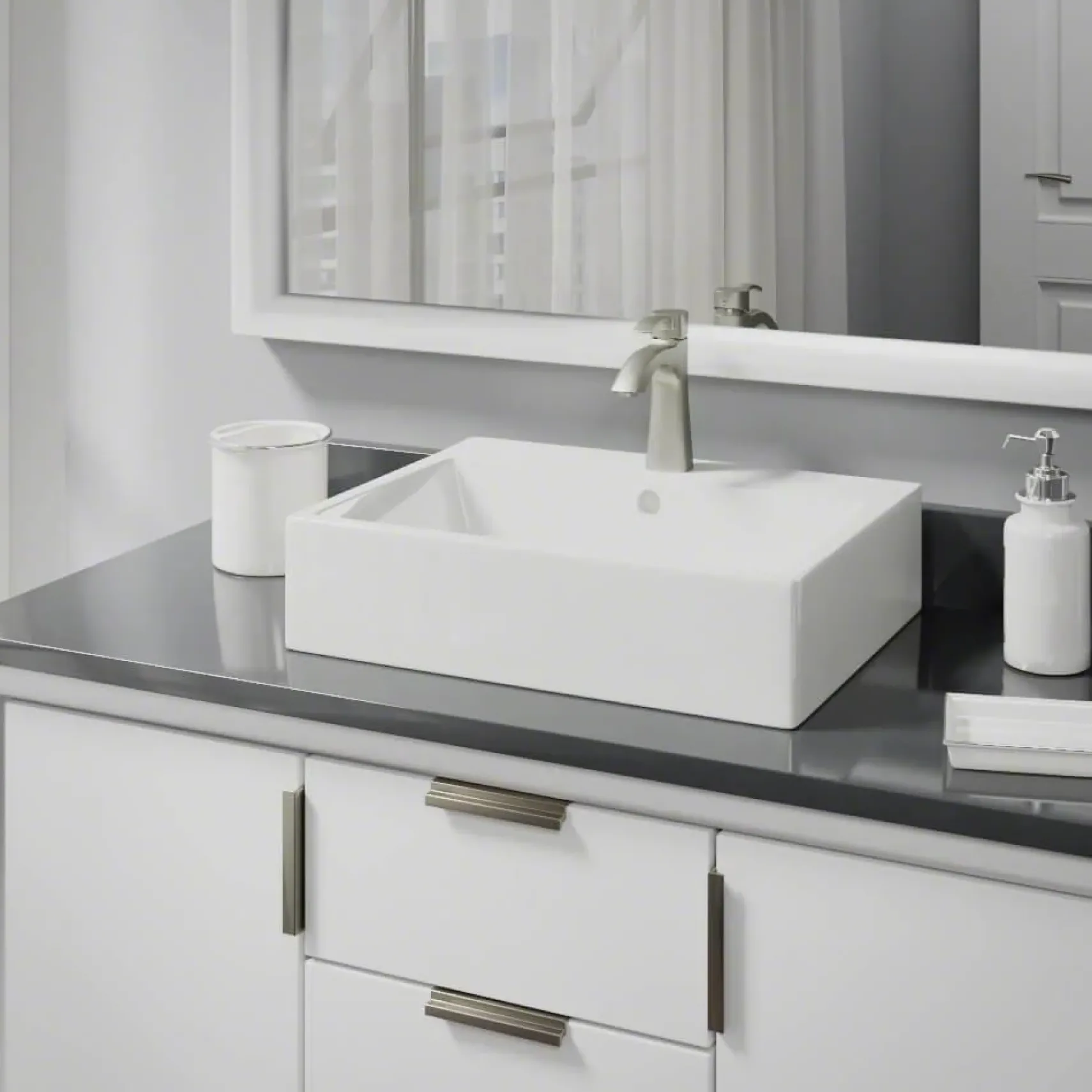 Rene 21" Rectangle Porcelain Bathroom Sink, Biscuit, with Faucet, R2-5018-B-R9-7005-BN