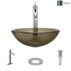 Rene 17" Round Glass Bathroom Sink, Cashmere, with Faucet, R5-5001-CAS-R9-7001-C
