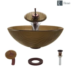Rene 17" Round Glass Bathroom Sink, Beach Sand, with Faucet, R5-5025-WF-ORB