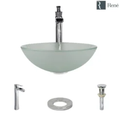 Rene 17" Round Glass Bathroom Sink, Frosted, with Faucet, R5-5002-R9-7007-C