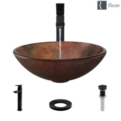 Rene 17" Round Glass Bathroom Sink, Multi-Color, with Faucet, R5-5014-R9-7003-ABR