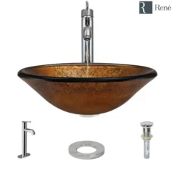 Rene 18" Round Glass Bathroom Sink, Orange Gold Foil, with Faucet, R5-5013-R9-7001-C