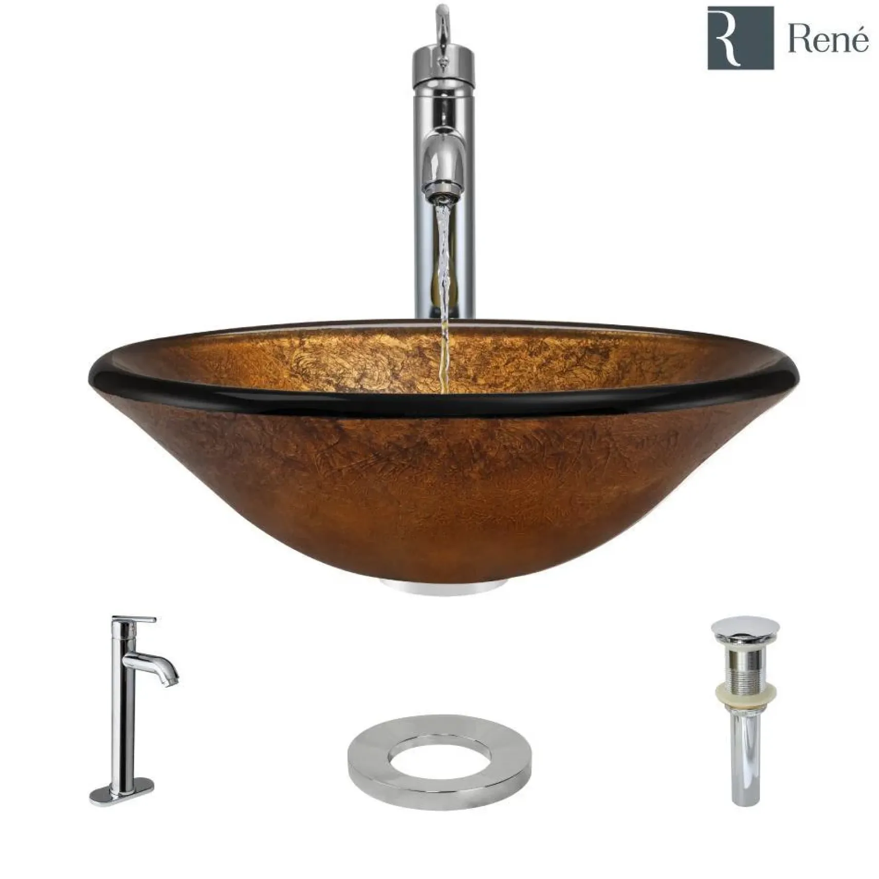Rene 18" Round Glass Bathroom Sink, Orange Gold Foil, with Faucet, R5-5013-R9-7001-C