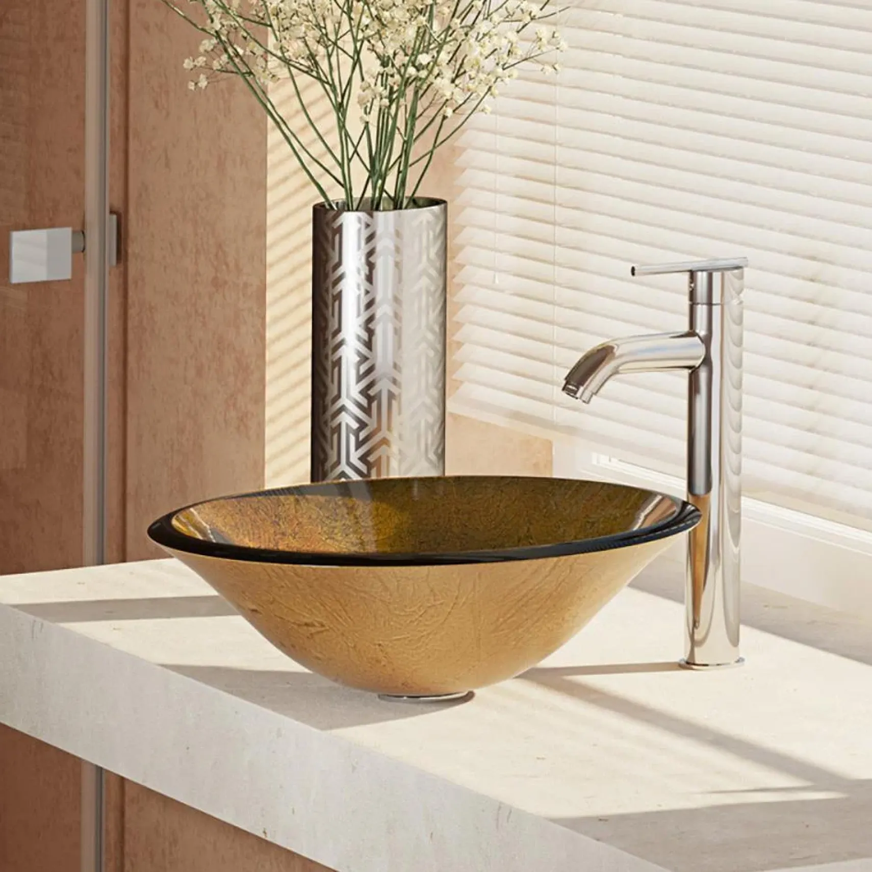 Rene 18" Round Glass Bathroom Sink, Orange Gold Foil, with Faucet, R5-5013-R9-7001-C