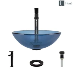 Rene 17" Round Glass Bathroom Sink, Celeste, with Faucet, R5-5001-CEL-R9-7003-ABR