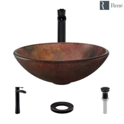 Rene 17" Round Glass Bathroom Sink, Multi-Color, with Faucet, R5-5014-R9-7007-ABR