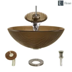 Rene 17" Round Glass Bathroom Sink, Beach Sand, with Faucet, R5-5025-WF-BN