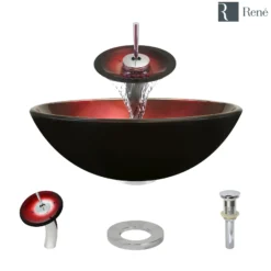 Rene 17" Round Glass Bathroom Sink, Gradient Red, with Faucet, R5-5007-WF-C
