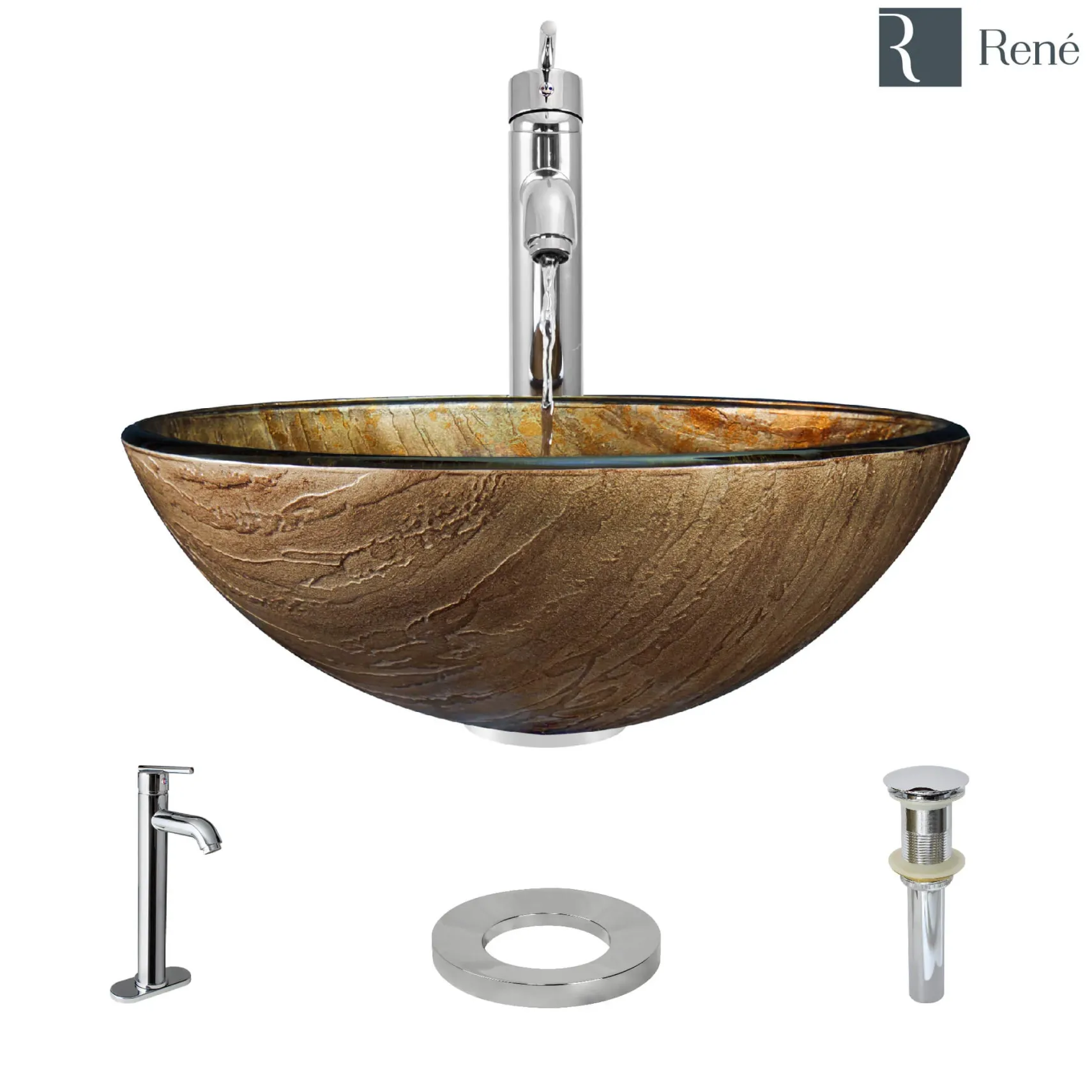 Rene 17" Round Glass Bathroom Sink, Bronze, with Faucet, R5-5030-R9-7001-C